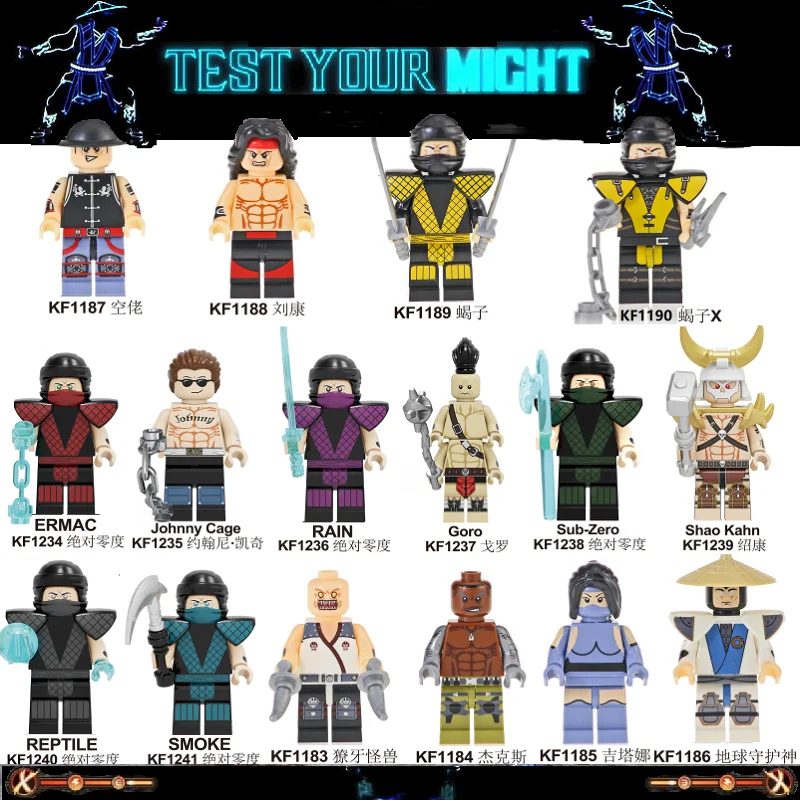 

Mortal Kombat Building Blocks Kitana Scorpion Sub-Zero Goro Johnny Cage Shao Kahn Scorpion Models Toys Gift For Children KF6108
