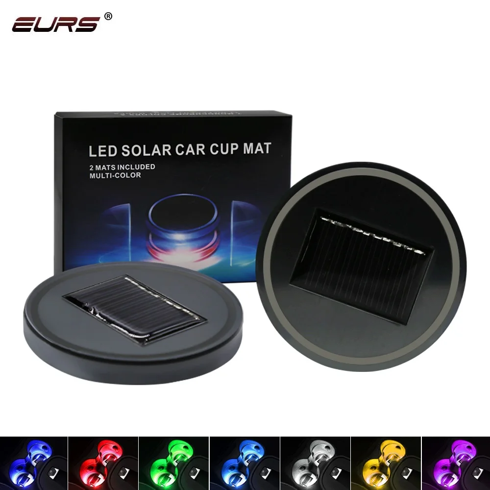

EURS 2PCS Solar LED Light Cup USB Holder Bottom Pad Mat Interior Decoration For All Cars waterproof Built-in battery Car Cup Mat