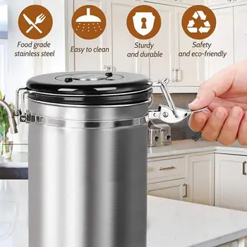 

1800ml Stainless Steel Airtight Coffee Beans Storage Release Keep Scoop CO2 To Canister Oxygen With Container Hook F1D5
