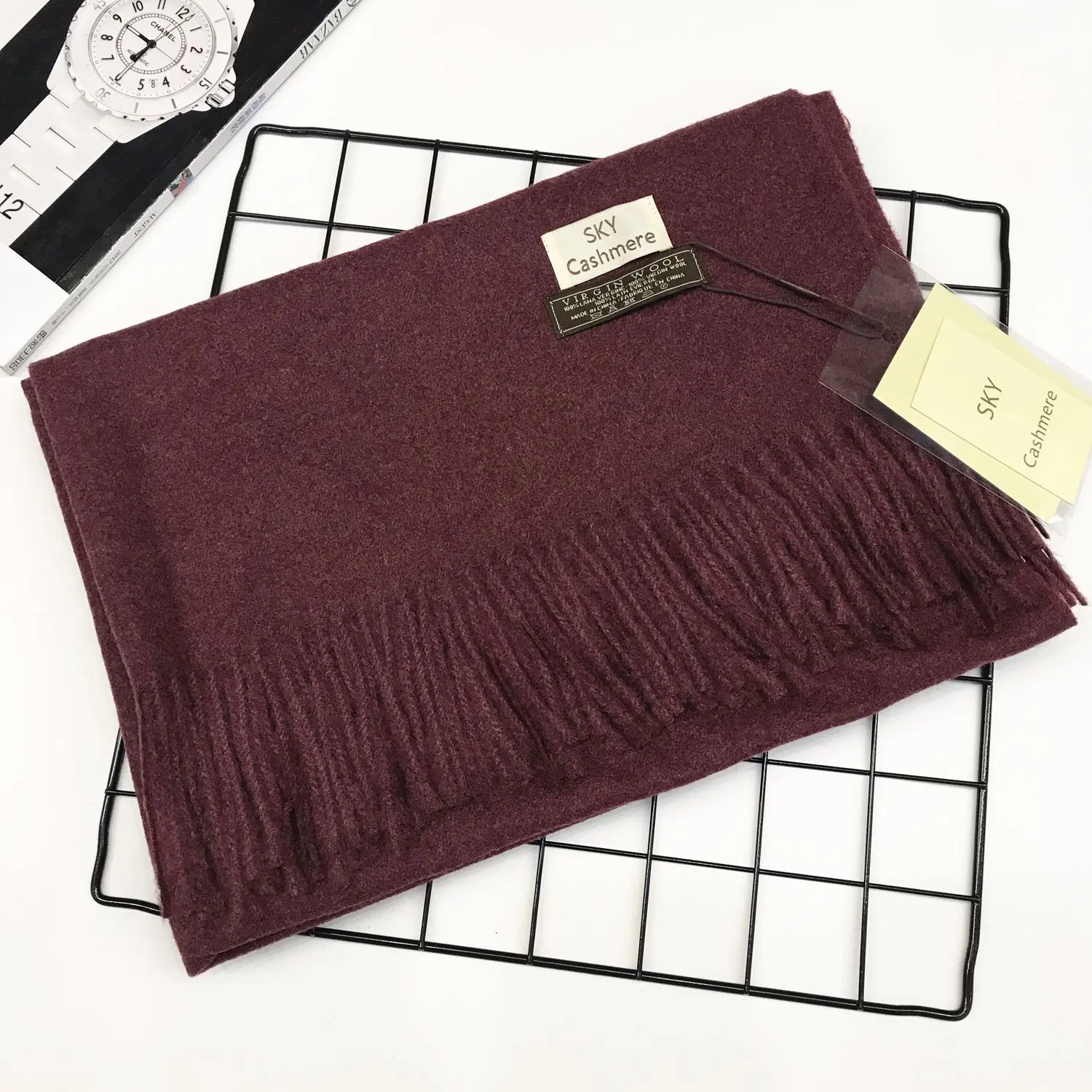 Wine red Женские шарфы, кашемировые, толстые, унисекс, Одноцветный шарф, пашмина, шаль, женская накидка, хиджаб, палантины с кисточками, длинная голова, 260 г - Цвет: Wine red