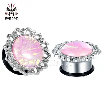 

Kubooz Luxury Latest Women Flower Shape Pink Opal Stainless Steel Ear Piercing Body Jewelry Ear Plugs Tunnels Gauges Stretchers