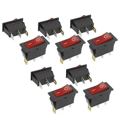 

10 Pcs 3 Pin SPST Red Neon Light On/Off Rocker Switch AC 250V/10A 125V/15A