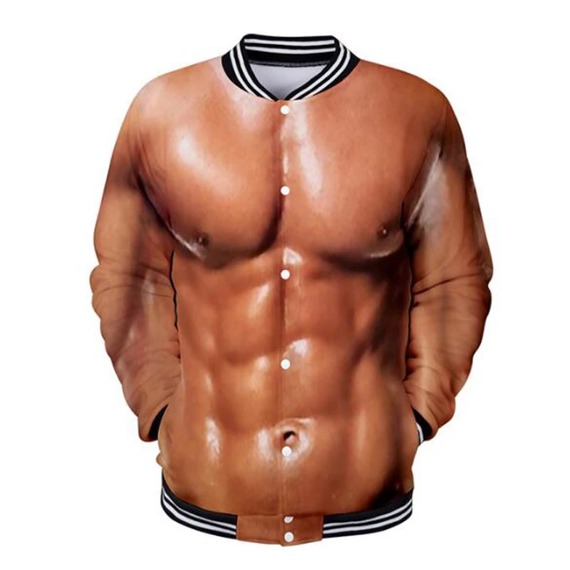 Корейская версия мужская куртка фальшивые мускулы 3D принт Стенд воротник бейсбольная куртка на молнии Мужская Спортивная Фитнес с длинным рукавом забавная Толстовка - Цвет: baseball jacket 02