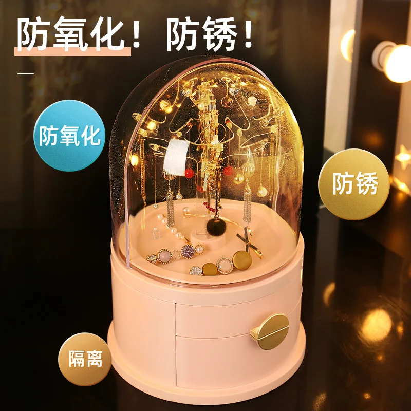 Acrylic Led Lamp Jewelry Makeup Box 360 Degree Rotating Jewelry Earrings Storage Organizer Drawer Desk Dust Proof Jewel Shelf