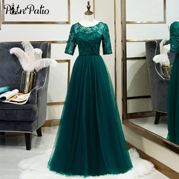 

Women Green Evening Dresses Plus Size 2019 Elegant O-neck A-line Floor-length Beading Lace Tulle Long Evening Gowns With Sleeves