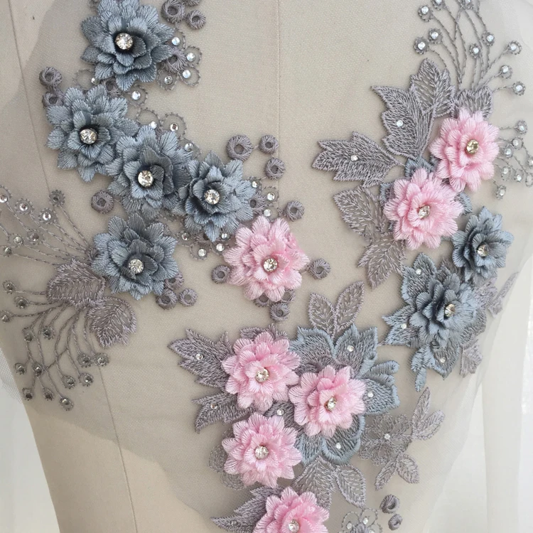 3D Beads Flower Embroidery Lace Fabric Applique Trim For Evening Dress Clothes Lace Collar Patches Handmade Sew On Accessories