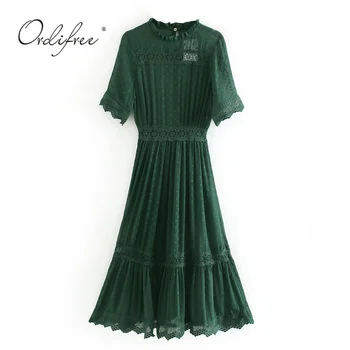 

Ordifree 2020 Summer Elegant Women Long Party Dress Polka Dot Lace Short Sleeve Maxi Tunic Dress
