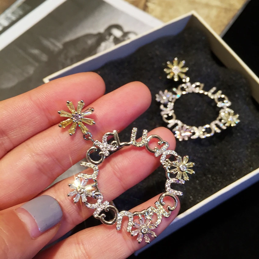 Letters Lucky Statement Earings Silver Color Square Geometric Dangle Drop Earrings for Women Crystal Luxury Wedding Earring