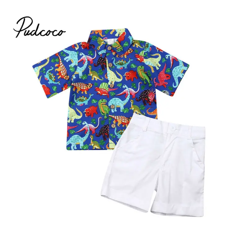 Летняя одежда для маленьких мальчиков и девочек модный хлопковый комплект с принтом динозавра, спортивный костюм для джентльмена, футболка+ шорты детская одежда
