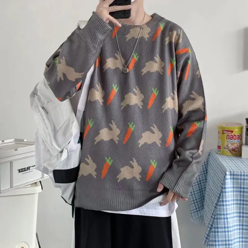 

Autumn and winter cute rabbit radish jacquard crew neck sweater couple loose warm knitted sweater men