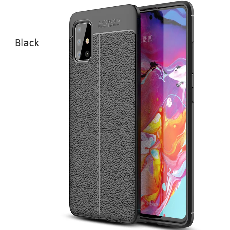 Кожаный чехол с текстурой личи для samsung Galaxy A51 A71 A81 A91 матовый, мягкий, из ТПУ силиконовый чехол - Цвет: Black