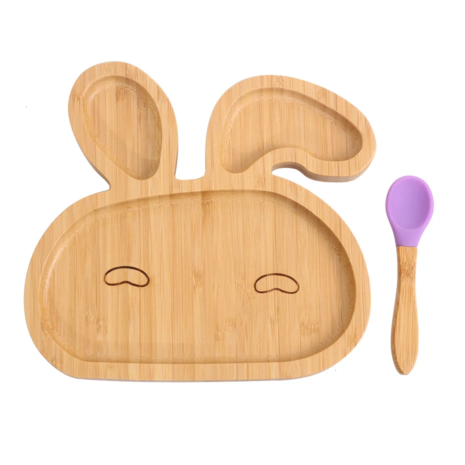 rabbitpurple Деревянная миска для кормления животных, тарелка, посуда, вилка, ложка детские столовые приборы, бамбуковое волокно, детская мультяшная разделительная тарелка для кормления - Цвет: rabbitpurple