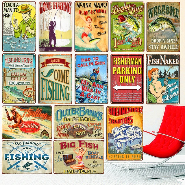 Metal Fisherman Posters, Fishing Signs Vintage