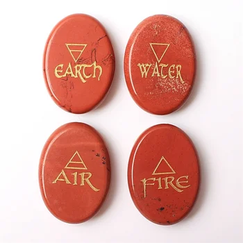 

4PCs Natural Red Jasper Crystal Engraved Reiki 4 Elemental of Earth Water Air Fire Palm Stones