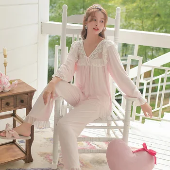 

Autumn Sweet Princess Pajamas Suit Long-sleeve Lace Ruffle V-neck Stitching Pyjamas Folds Print Loose Homewear Nightsuit Women