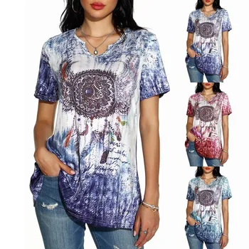 

2020wish Amazon eBay Summer Digital Print casual V-neck Short Sleeve T-Shirt Top Women's ready