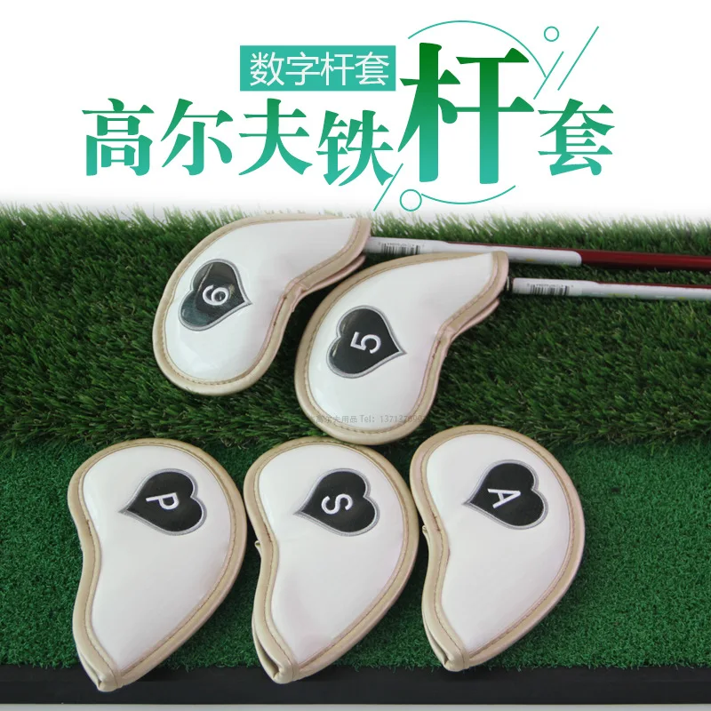 

New Golf Iron Rod Sleeve Heart Shape Embroidered Head Covers Bright Surface PU Protective Sleeve Golf with Numbers Rod Cover 10