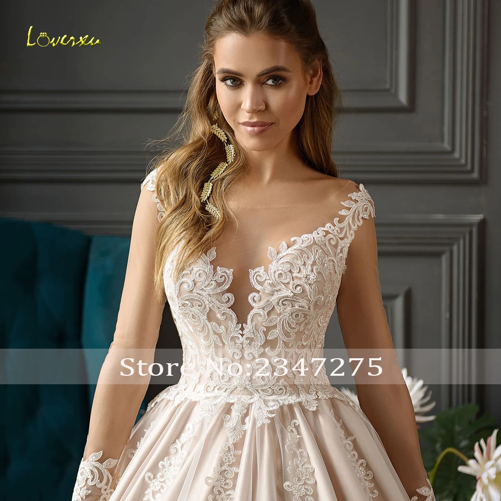 Элегантное loverxu кружевное свадебное платье принцессы с длинным рукавом роскошное свадебное платье трапециевидной формы с круглым вырезом и аппликацией