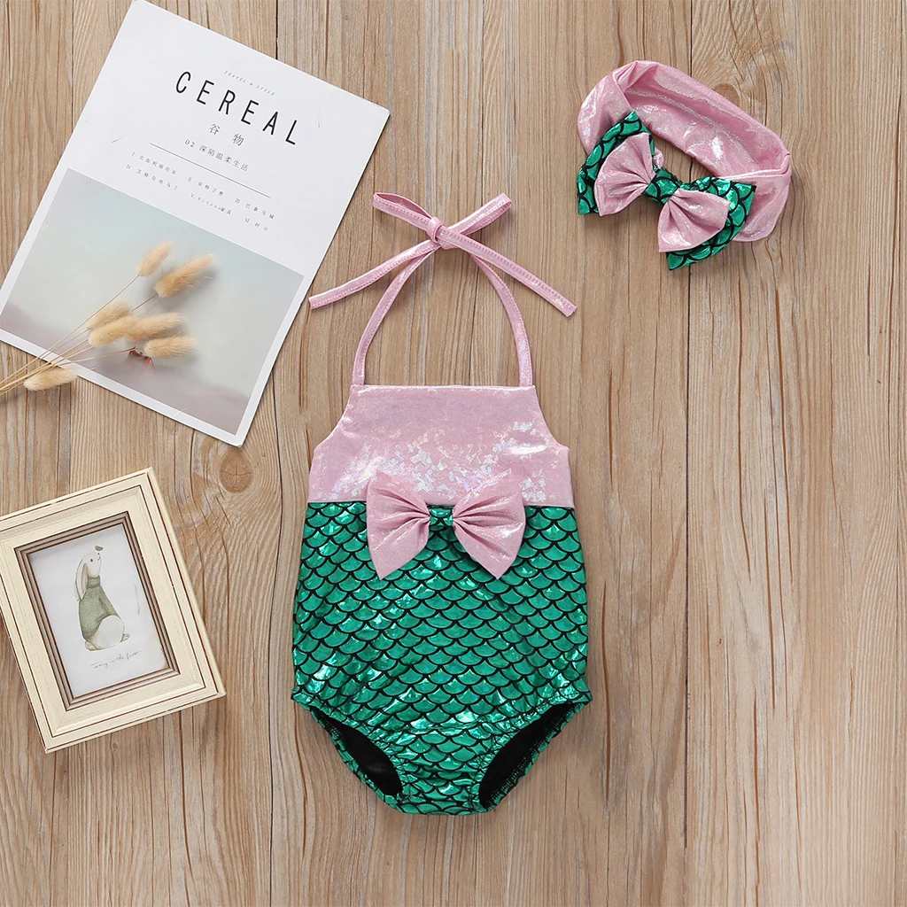 Baby Girls Mermaid Swimwear Cute Lovely Bow Knot Tankini Bikini Sleeveless Halter Swimsuit 2PCS Set Bathing Suit Beachwear