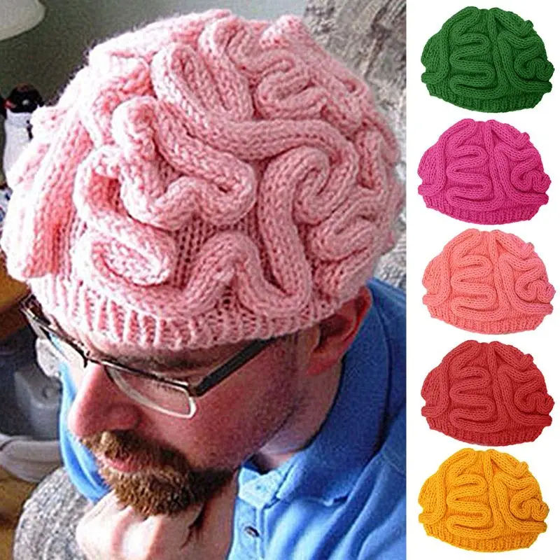 Funny Handmade Crochet Knit Beanie Hat Adult Kids Winter Personality Horrible Brain Solid Color Skull Cap Halloween Cosplay Prop