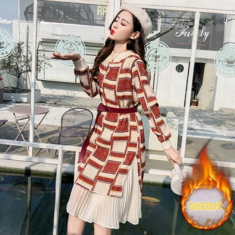 

2022 Fashion Casual Knitted Dress Streetwear Office Lady Simple Fishtail Mid-Calf Round Neck Long Sleeve Women's Dress