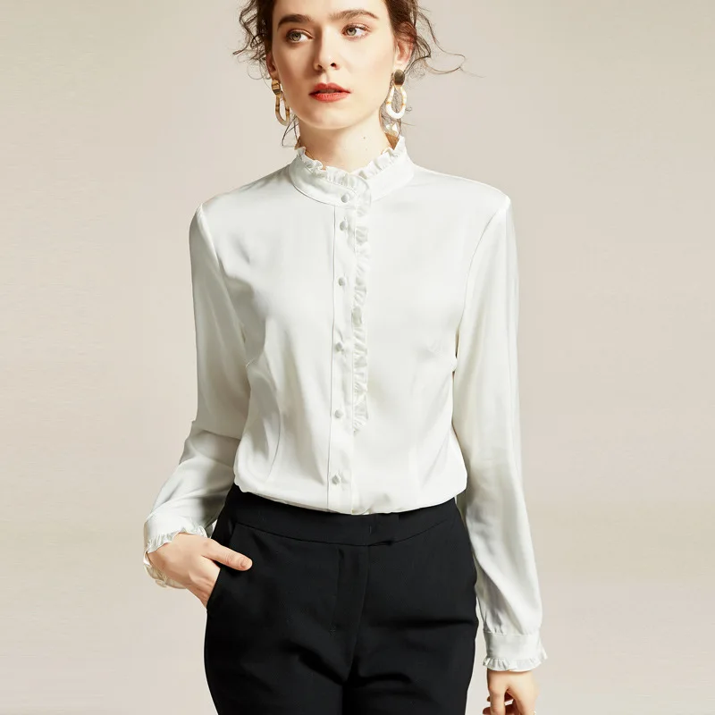Ruffles 95% Natural Silk Blusas Mujer De Moda 2020  Office Lady  Stand Collar Shirts Women Tops Womens Clothes Blouses - 4.00066E+12