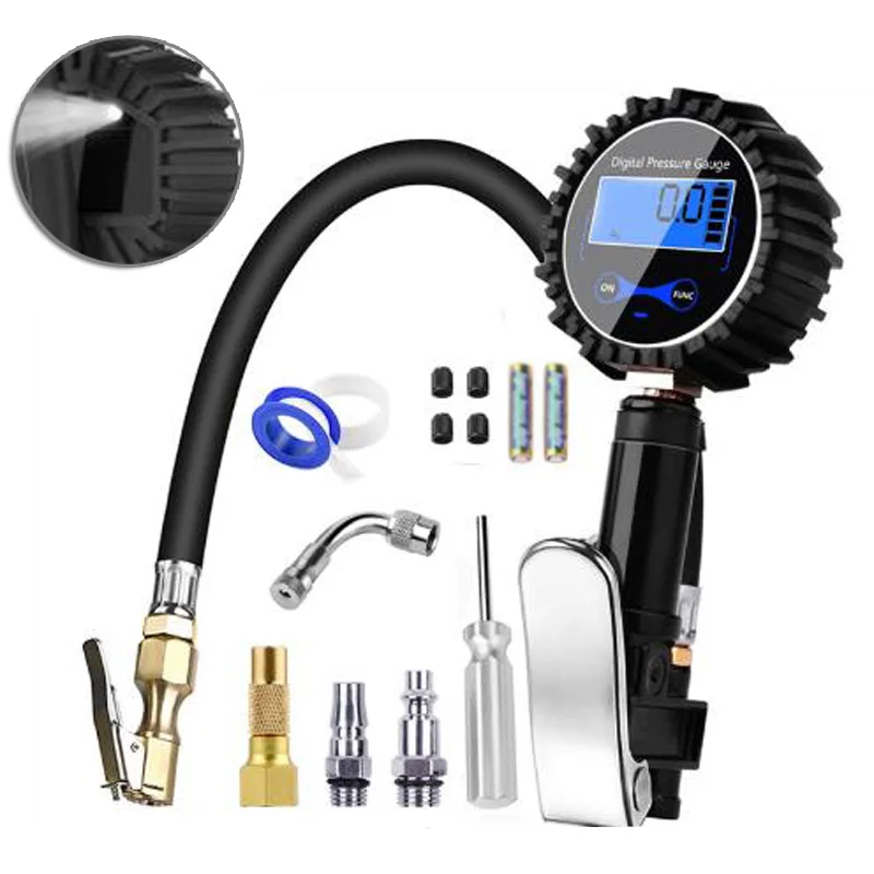 

Digital Inflator Tire Pressure Gauge LCD Digital Display Aluminum Alloy Rubber Copper W/ LED Flashlight On The Back Nozzle Kit