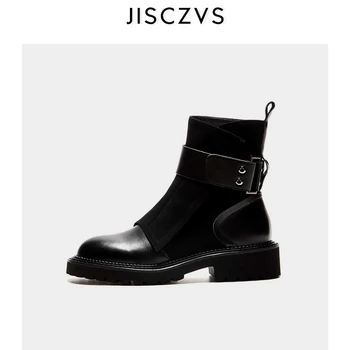 

Genuine Leather Boots Style Round Toe Med Heels Earm Rivet Buckle Straps British Style European Thick Bottom Women Ankle Boots