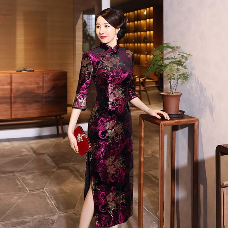 Красное вино XL осень зима Повседневный cheongsam золото бархат длинный раздел cheongsam банкет семь точек рукава cheongsam Мать платье - Цвет: purple