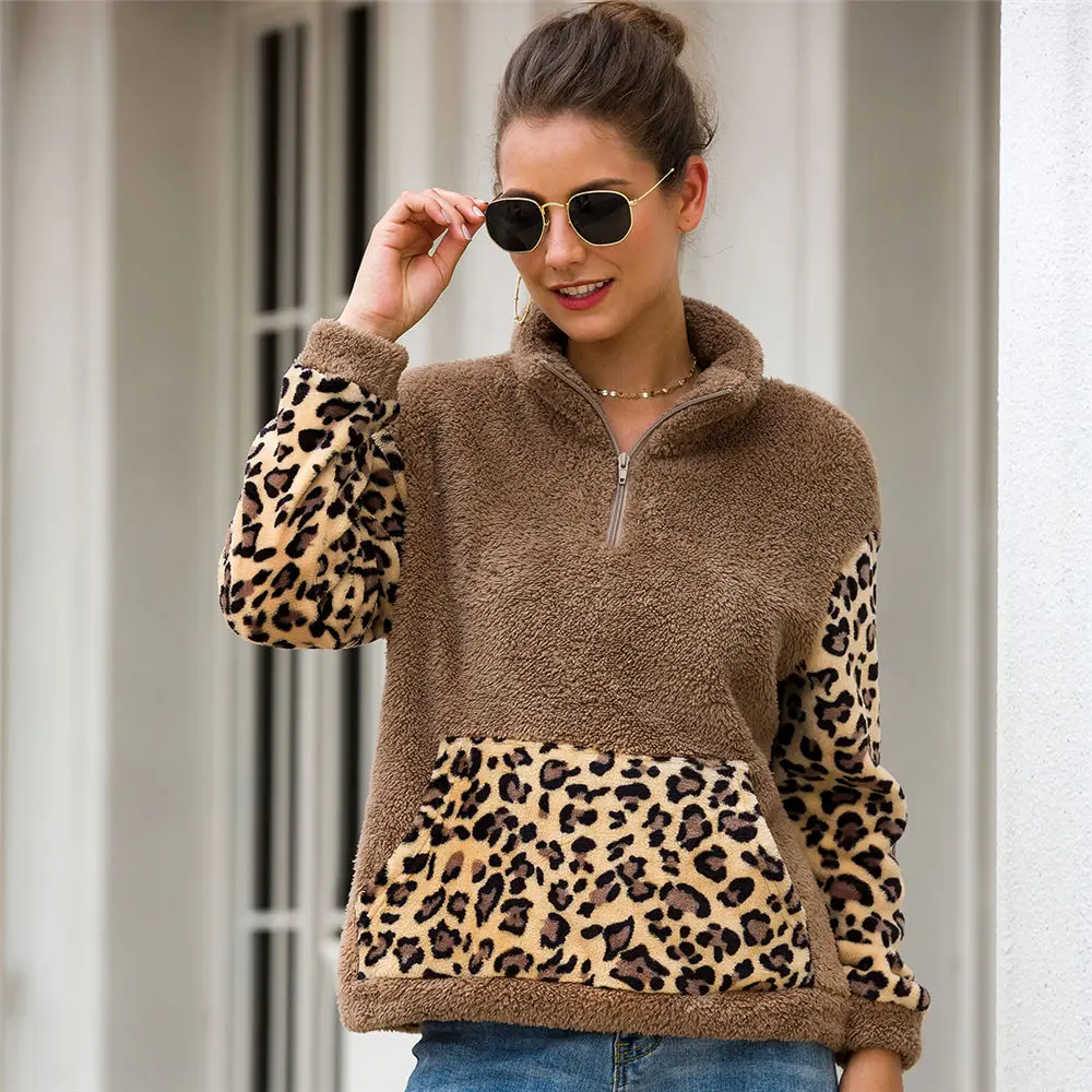 

High Quality Warm Sweaters Leopard Stitching Kangaroo Pocket Plush Pullove Casual Fleece Half Zipper Turtleneck Long sleeve Tops