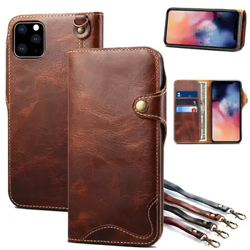 

Genuine Leather Flip case for on iPhone SE 2 11 Pro Max xr xs x 7 8 6s plus Wallet phone Case Business Book Cover Lanyard strap