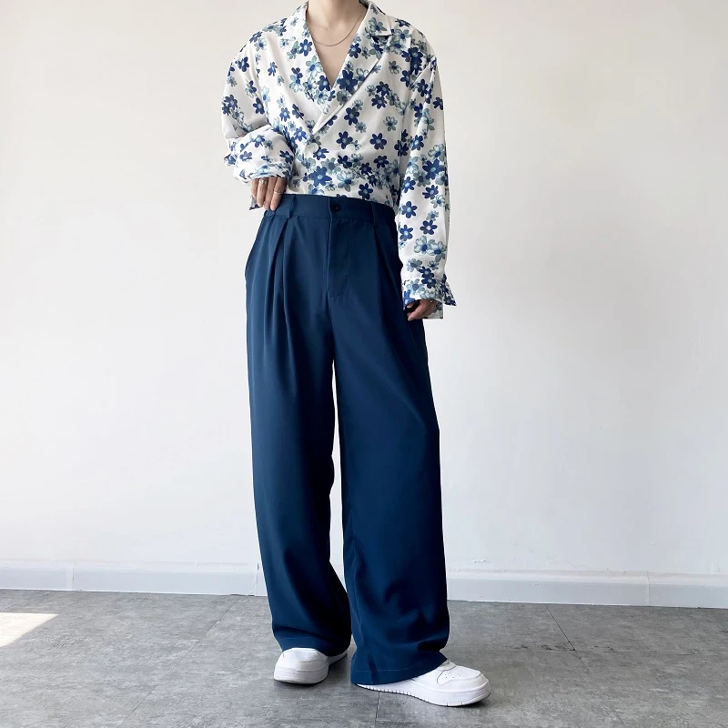blue wide leg trousers