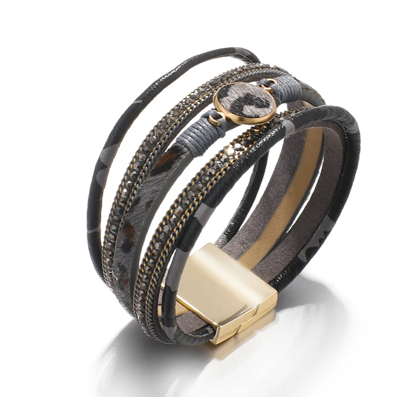 Amorcome богемные леопардовые кожаные браслеты для женщин модные браслеты и браслеты кристалл широкий браслет обруча ювелирные изделия