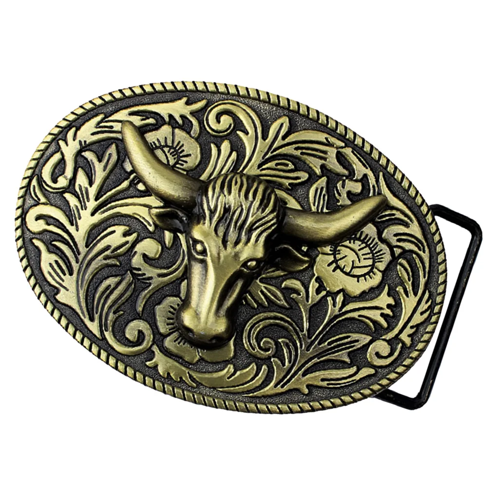 Arabesque Cow Bull Vintage Longhorn Buffalo Head Men' S Leather Belt Buckle Metal Cowboy 9.0 x 7.0cm