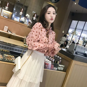 

Sweet spotted women blouses pink loose long sleeves elegant korean style summer casual shirts women tops and blouses