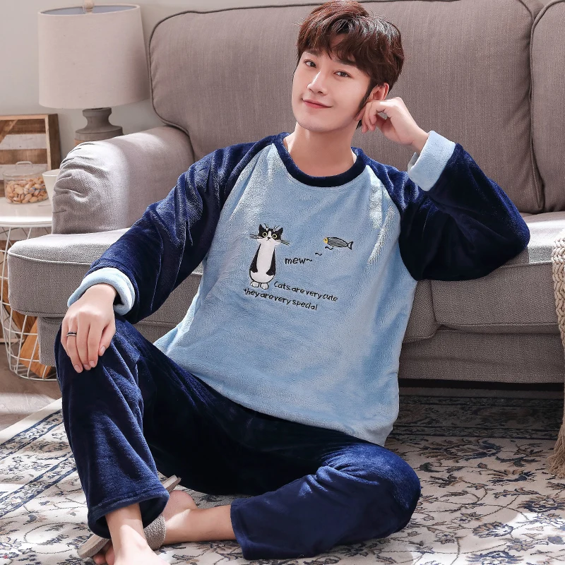 Thick Flannel Pajama Sets Couples Lovely Cat And Fish Women Sleepwear Plus Size 3XL Nightshirt Winter Warm Homewear For Male