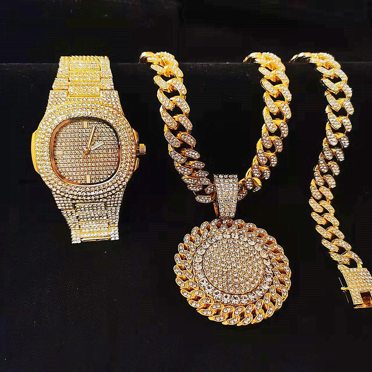 2pcs/set Iced Out Watches Necklace AAA+ Rhinestone 13MM Full Miami Curb Cuban Chains CZ Bling Gold Watch for Men Jewelry Clock