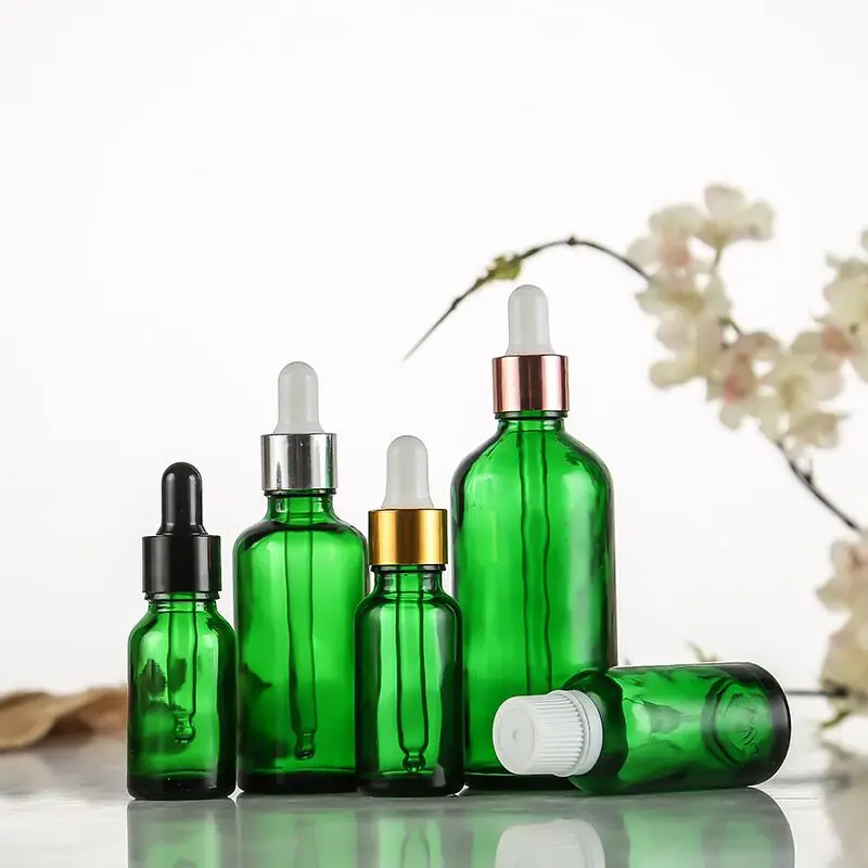 15PCS 5ml 10ml 15ml 20ml 30ml 50ml 100ml 유리 점적기 녹색 유리 아로마테라피 액체 피펫 병 리필 가능 병