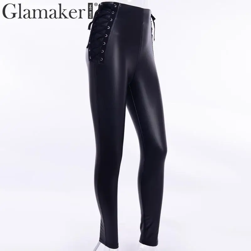 Glamaker Сексуальная повязка с высокой талией из искусственной кожи женские осенние Эластичные Обтягивающие черные брюки женские Модные капри брюки зимние