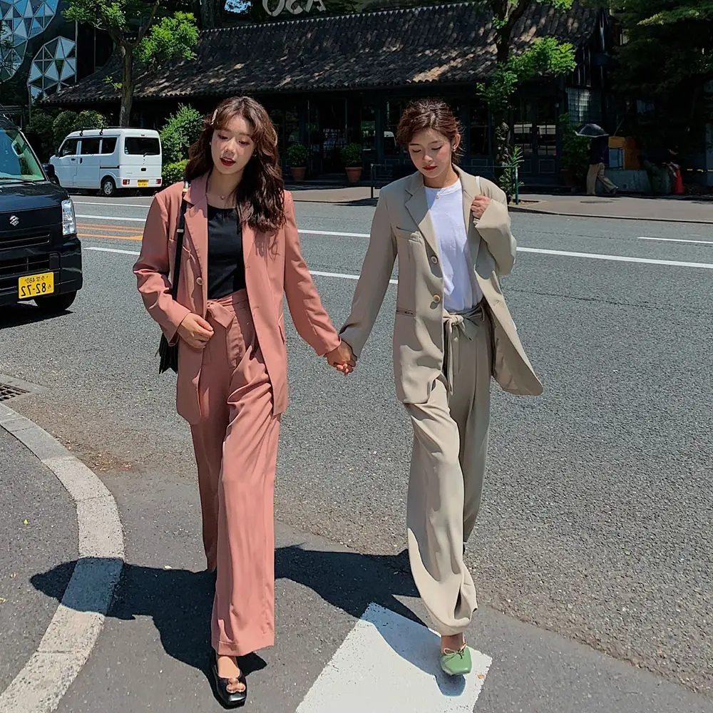 

Photo Shoot Retro CHIC-Style Waist Hugging Lace-up Two-Piece Set 2020 Spring New Style Suit Jacket + Loose Pants Set