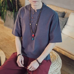 T shirt à manches courtes en coton et lin pour homme, tunique traditionnelle chinoise rétro, 5XL, été 