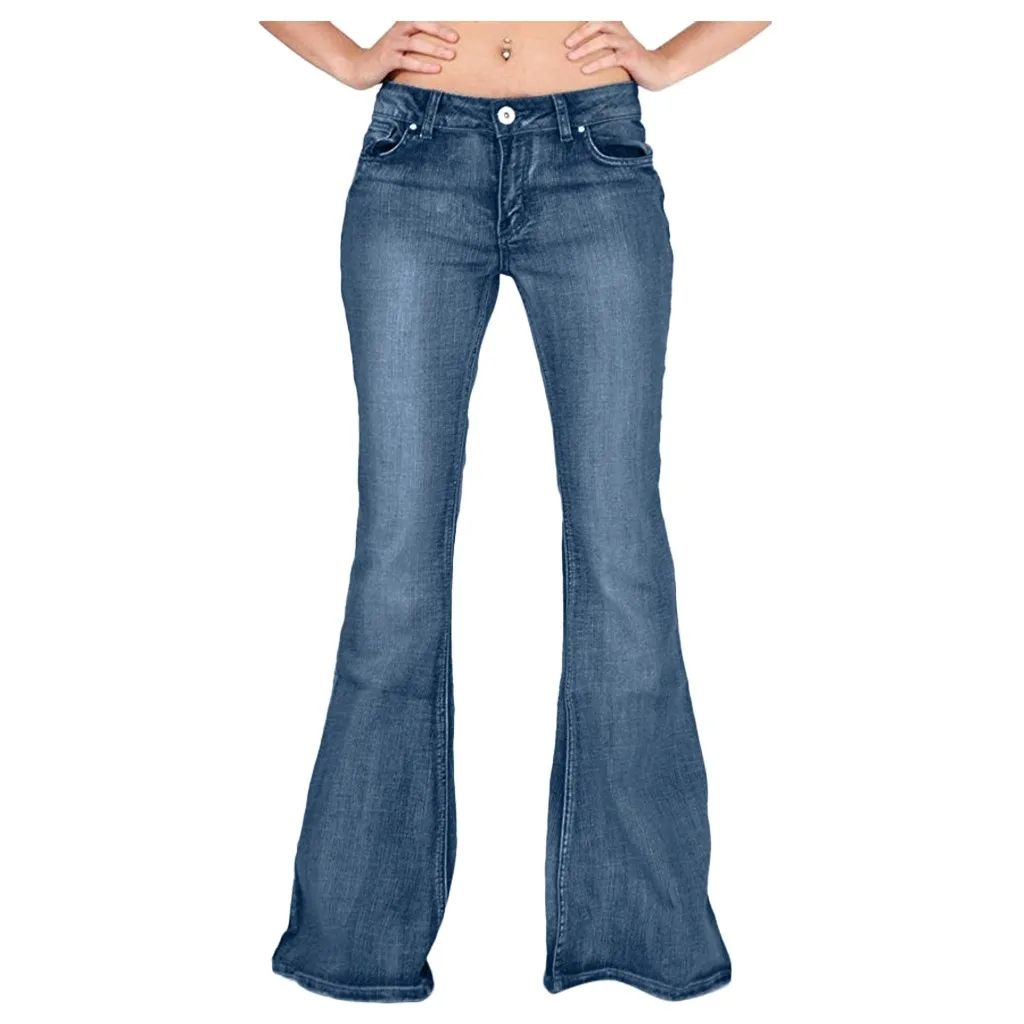 Plus Size Black Blue Jeans Women Destoryed Flare Jeans Spodnie Damskie Button Waist Bell Bottom Denim Long Pants Jean Femme#C11