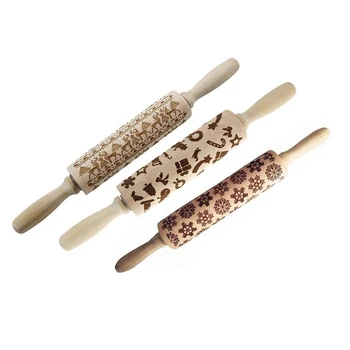 

Christmas Wooden 3D Rolling Pins,Embossing Natural Wood Carved Engraved Rolling Pin with Christmas Pattern for Baking Embossed C