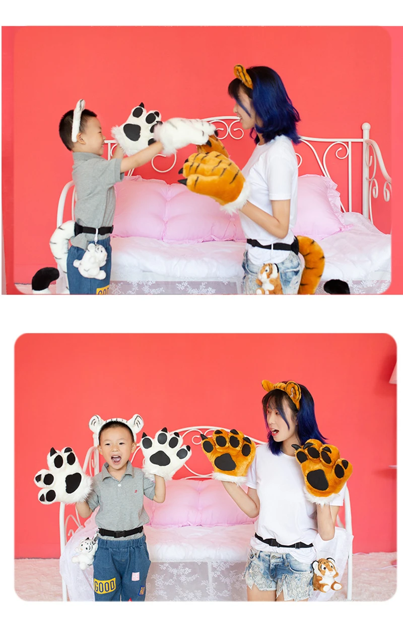 Halloween Plush Cartoon Animals Costume Toy Plush Tiger paw/ tail /head band / Stuffed Animals Tiger Leopard Dolls Kids Cosplay