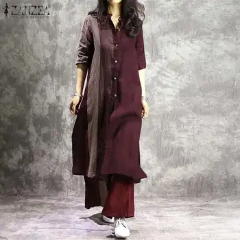 

2020 Spring Patchwork Split Long Shirt Dress ZANZEA Vintage Casual Cotton Sundress Women Long Sleeve Vestidos Female Tunic Robe
