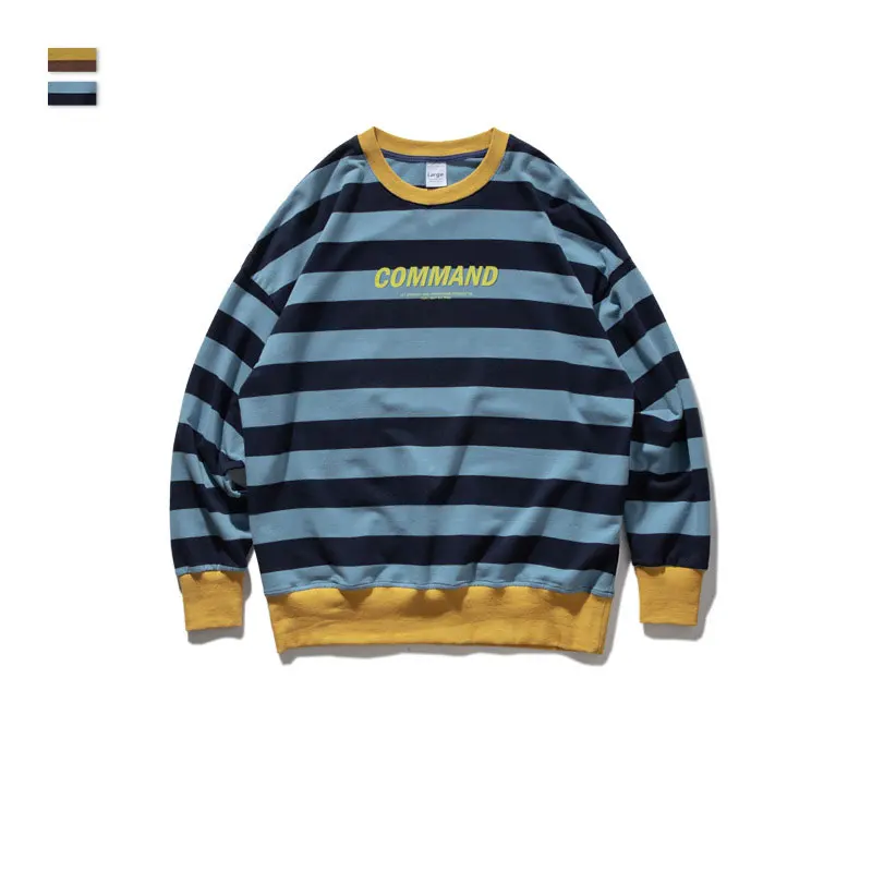 Fionto мужская одежда осень новая индивидуальная печать свободная Crewneck мужская полосатая футболка с длинными рукавами - Цвет: blue