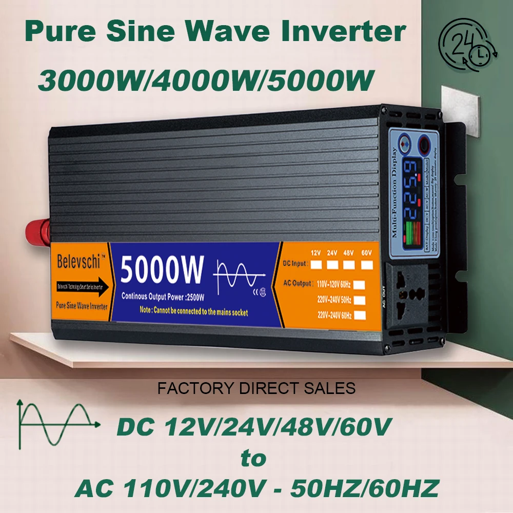 Pure Sine Wave Inverter DC 12V / 24V / 48V / 60V ถึง AC110V / 220V 2000W 3000W 4000W 5000W แรงดันไฟฟ้าพลังงานแสงอาทิตย์ LCD INVERTER 1
