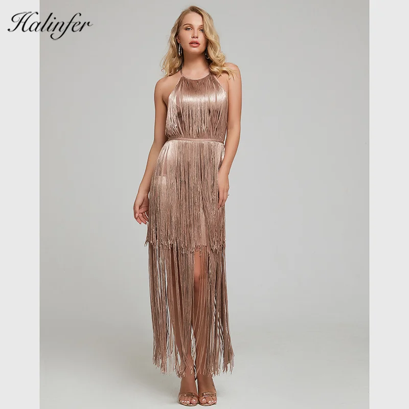 

Halinfer 2019Elegant Dress High Quality Strapless Nude Maxi Tassels Bodycon Maxi Celebrity Wedding Cocktail Party Dress Vestidos