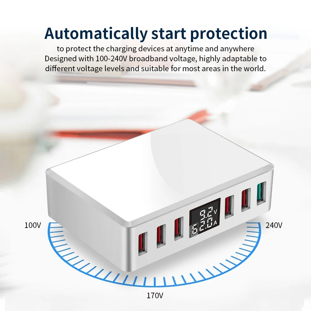 WLX-T9+ интеллектуальное многопортовое USB быстрое зарядное устройство адаптивный ЖК-дисплей Портативный Quick Charge 3,0 6 портов 100-240 В