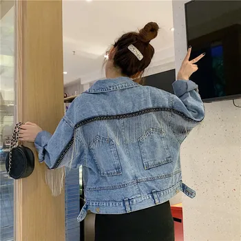 

2020 Spring And Autumn New Korean Vintage Tassel Design Cowboy Jacket Loose Oversize Full Sleeve Pocket Short Coat Female